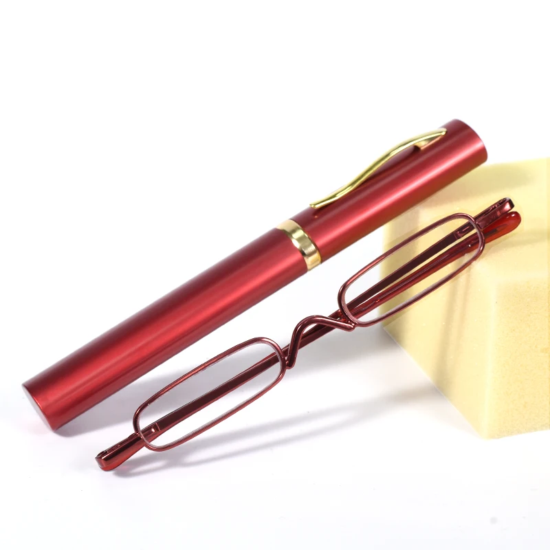 Red Frame Portable Magnifing Reading Glasses Men Narrow Metal Frame with Pen Case Ultra-thin Plus Presbyopia Glasses +1.0+1.5+