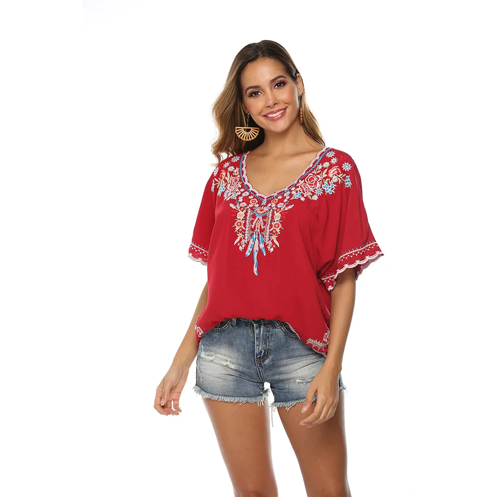 TEELYNN Vintage Cotton Rayon Floral Embroidery Loose Blouses Shirts Women Tops Casual Short Sleeve Boho Beach Wear Blusas Summer