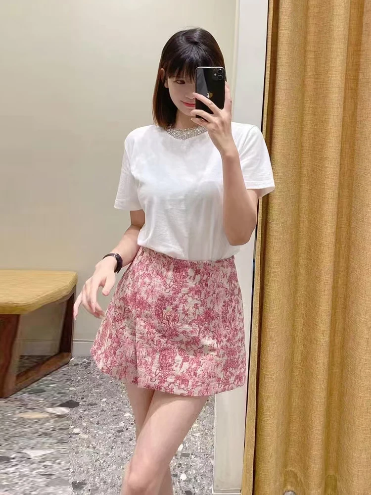 

MIGII High-End European Sle Women's Cotton T-irt Early Autumn Heavy Embellied Diamond Pure Cotton Top