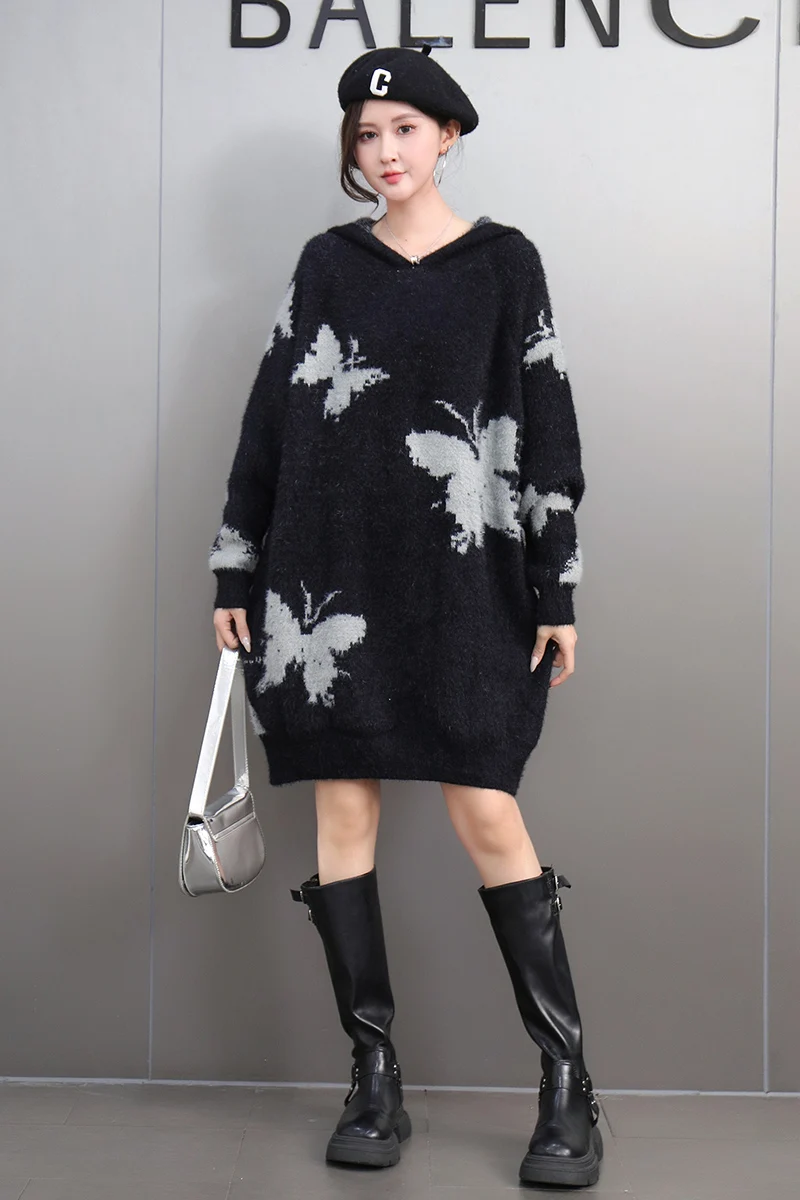 2024 Winter New Elegant Hooded Butterfly Sweater Loose Long Sleeve Knitted Warm Sweater J614