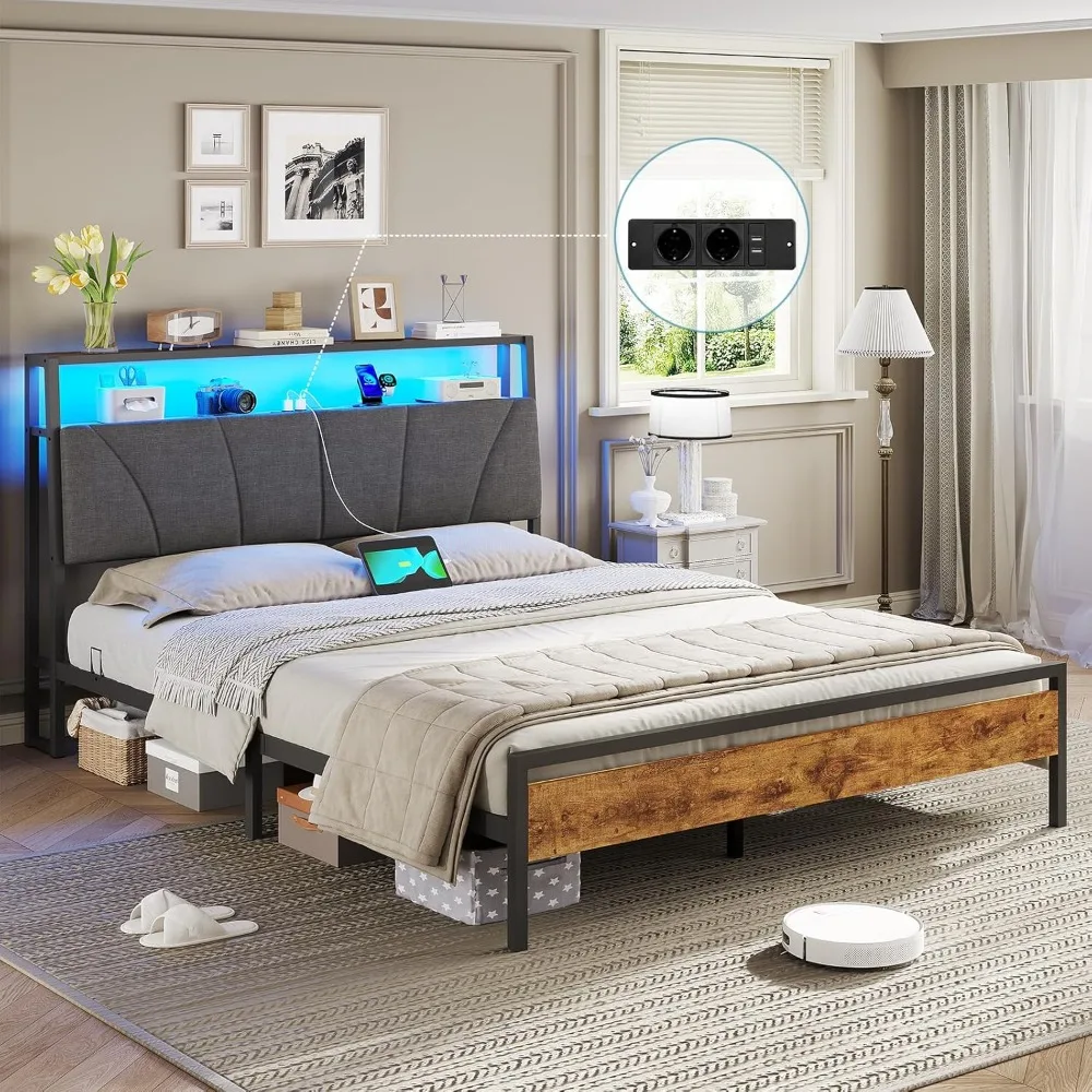 Bett 120 x 200 cm mit Lattenrost aus Metall, Bettgestell mit LED-Beleuchtung, mit Kopfboden und