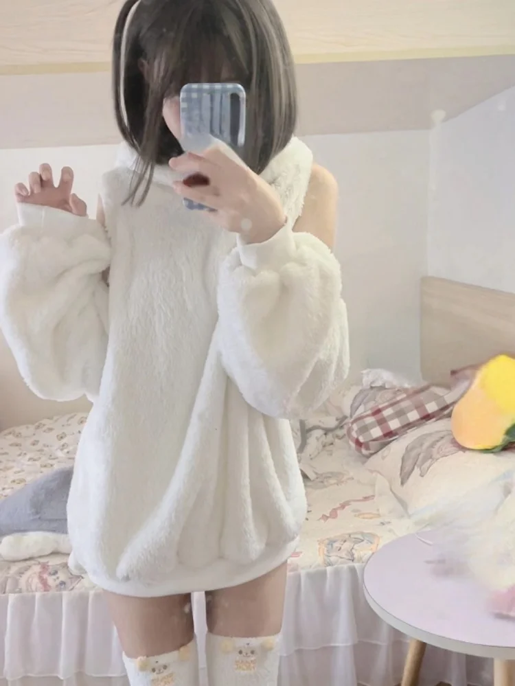 Japanese Lamb Wool Jacket Off Shoulder Sheep Ear Pullovers +short Pants Korean Fashion White Hooded Kawaii 2 Piece Sets Womens