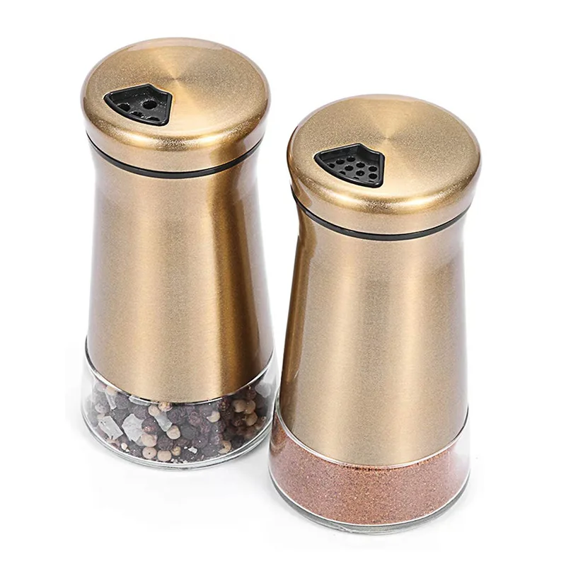 Hot Sale Gold Color Glass Metal Classic Spice Jars Salt Shakers Spice Seasoning Condiment Jar Salt and Pepper Shakers