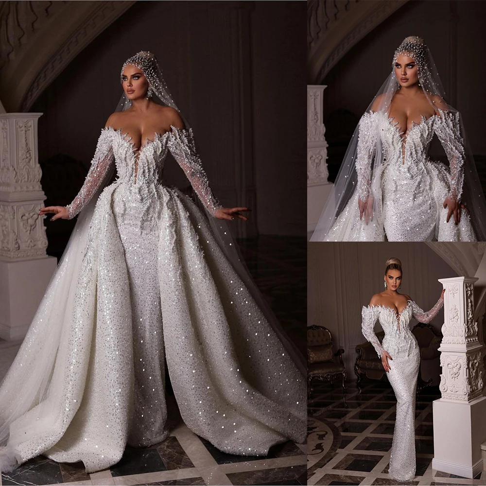 

Arabic Luxury Shiny Vestidos De Novia Wedding Dress With Detachable Train Off Shouder Mariee Marriage Wedding Gown