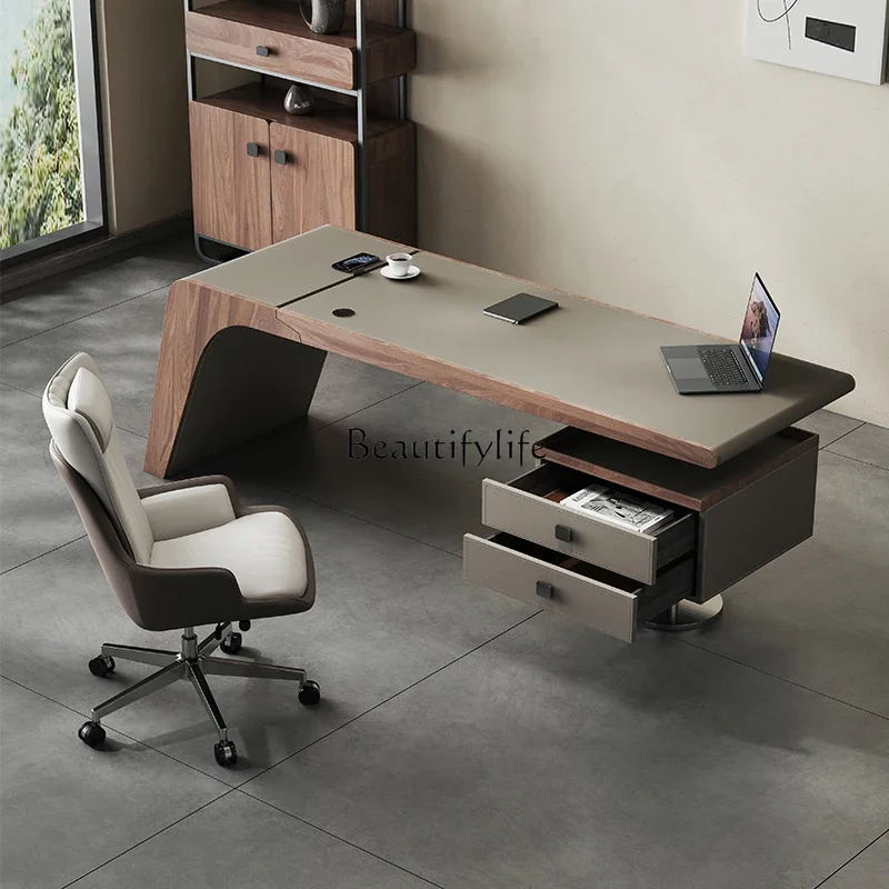 LJYRetro style high-end study office computer desk Italian minimalist solid wood special-shaped saddle leather desk