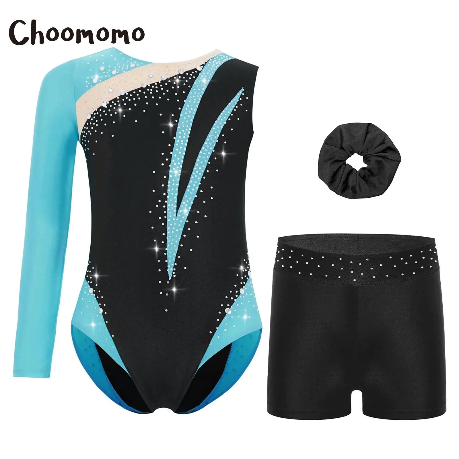 

Kids Girls Gymnastics Dance Figure Skating Performance Outfit Shiny Rhinestones and Color Block Asymmetrical Leotard with Shorts