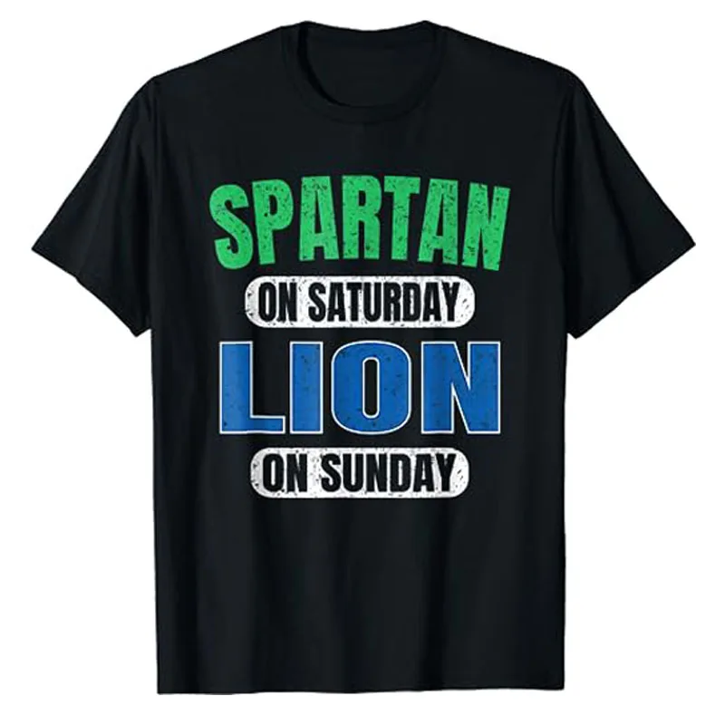 Spartan on Saturday Lion on Sunday Funny Detroit Vintage T-Shirt Letters Printed Sayings Graphic Tee Tops Humorous Cotton Outfit
