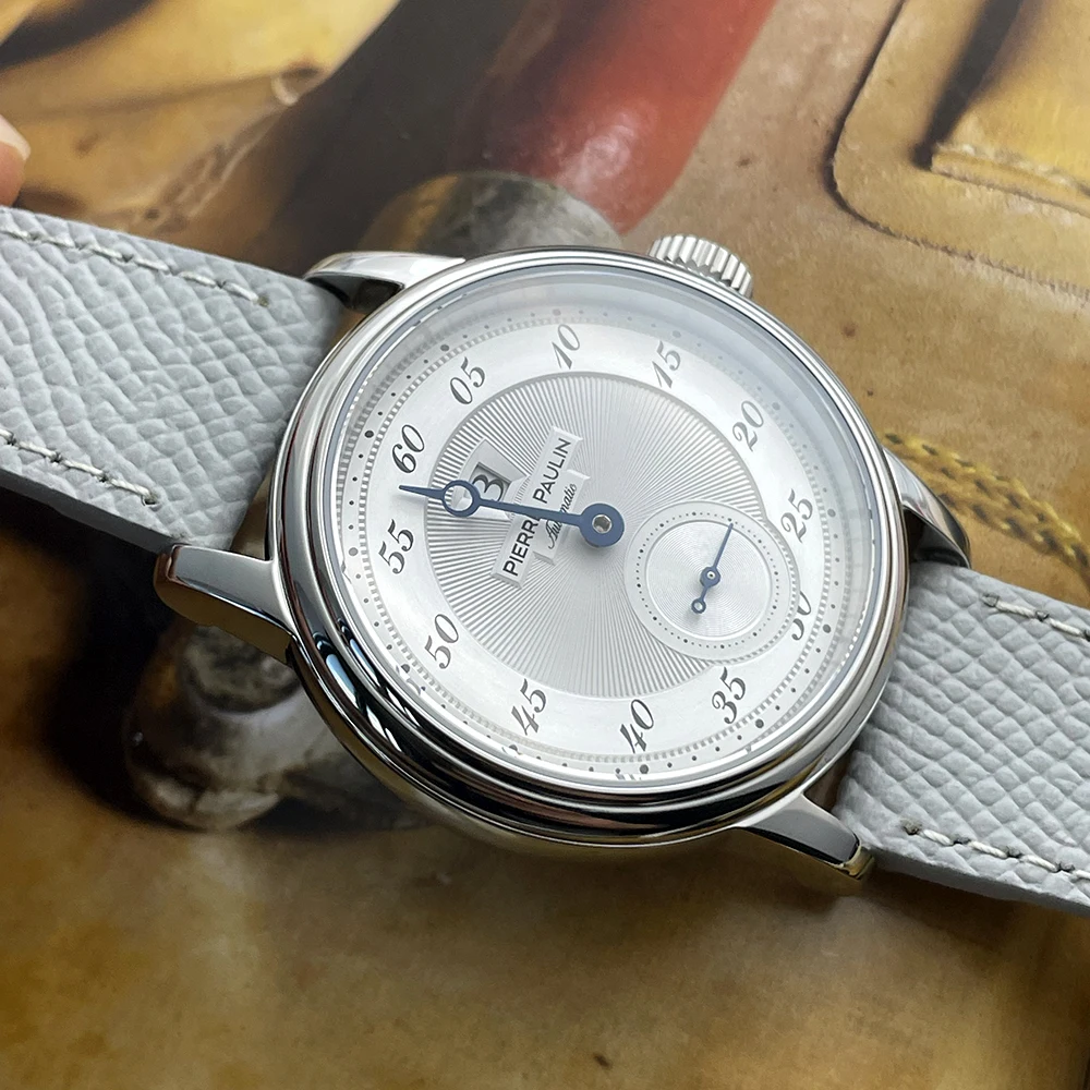 Sapphire Crystal NEW Pierre Paulin Jumping Hour Men Watch Salmon Dial Automatic St17 Mechanical Watch Vintage Date Window