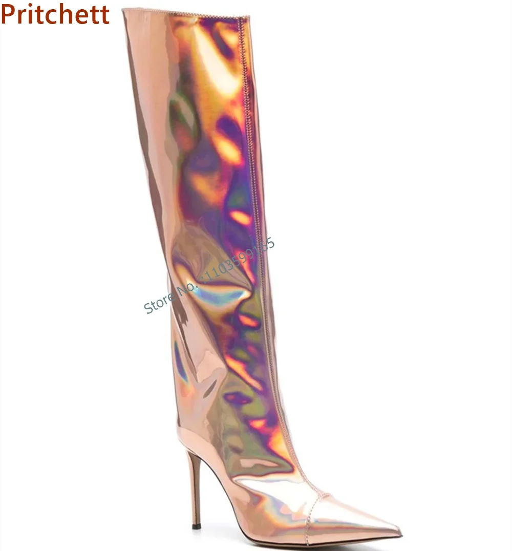 

Patent Leather Pleated Knee High Boots Pointy Toe Thin Heel Zipper Solid Champagne Gold Shoes Winter Women Runway Shoes 2024