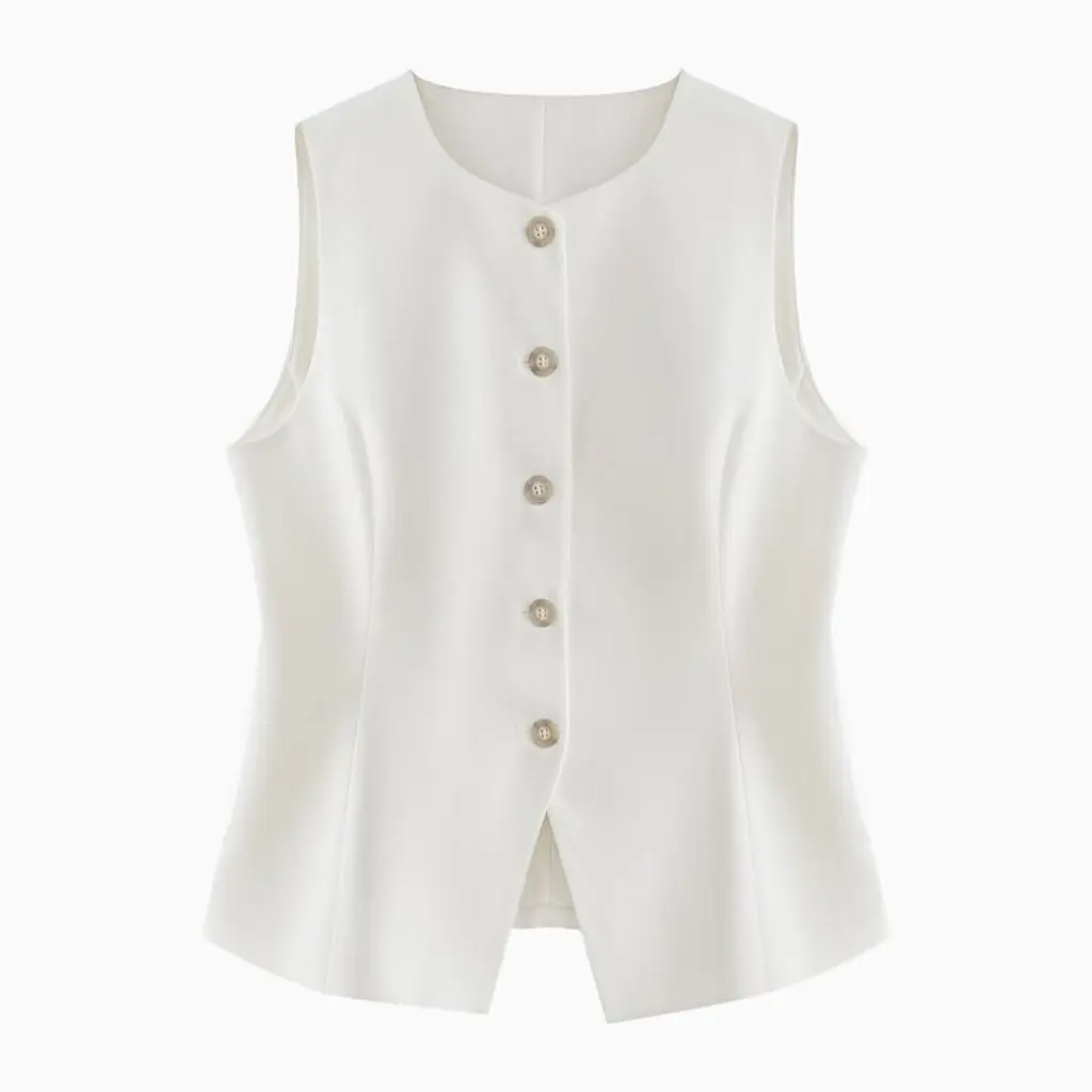 

Women's White round Neck Sleeveless Vest Cardigan Summer Fashion Top Simple Generous Style Waist Fashion New