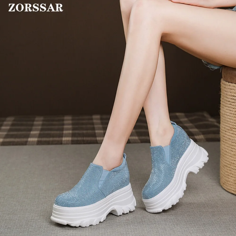 2024 New Spring Blue Crystal Hidden Wedge Heels Casual Shoes Woman Platform Sneakers Elevator High-heels Walking Sneakers Women