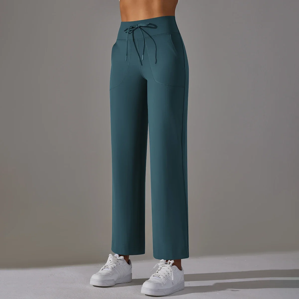 Szerokie spodnie z kieszeniami damskie luźne legginsy do jogi z wysokim stanem ze sznurkiem outdoorowe codzienne spodnie do biegania na siłownię sportowe spodnie typu flare