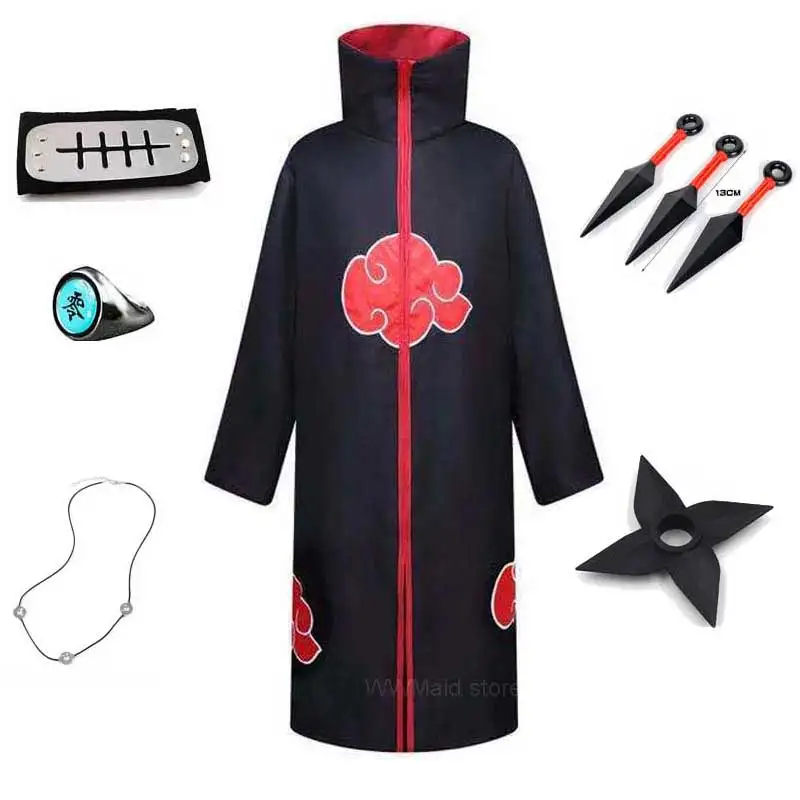 Child Adult Akatsuki Cloak Cosplay Costume Headband Ring Anime Uchiha Robe Clothes Halloween Costume