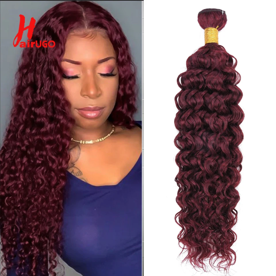 Burgundy Water Wave Bundles With Closure HairUGo Brazilian 99J Human Hair Closure With 3 Bundles Remy Pre-Colored Hair Weaving