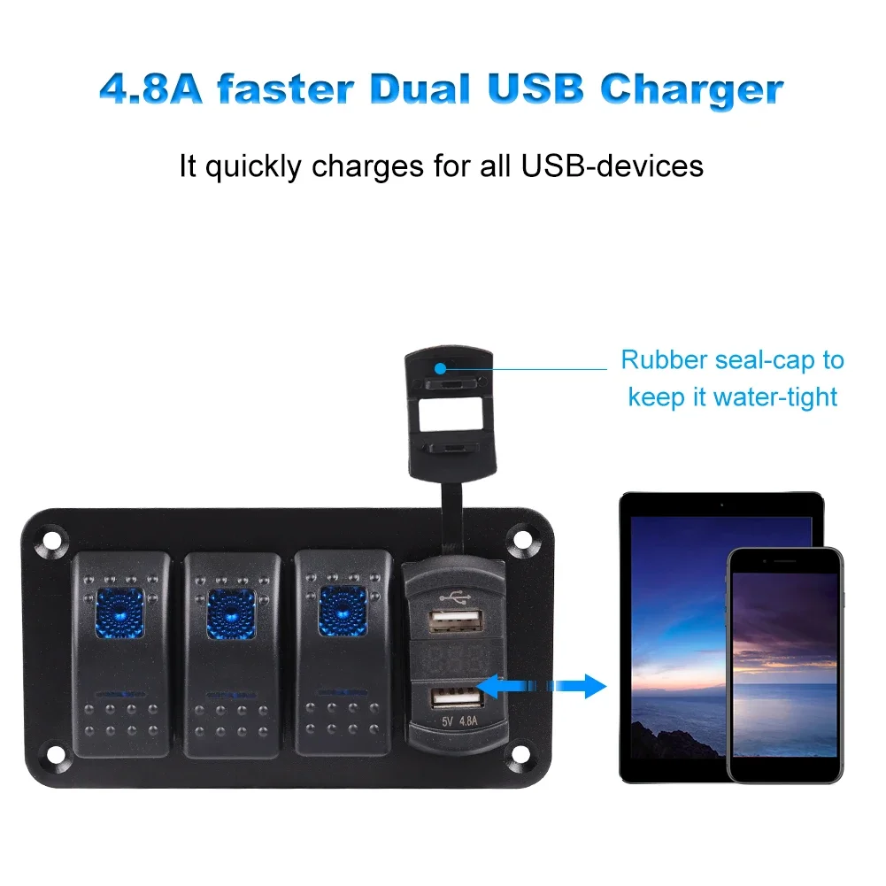 2/3Gang Switch Panel 12V 4.8A Dual USB Charger Socket Digital Voltmeter For Marine Car Boat Caravan Camper With Luminous Sticker