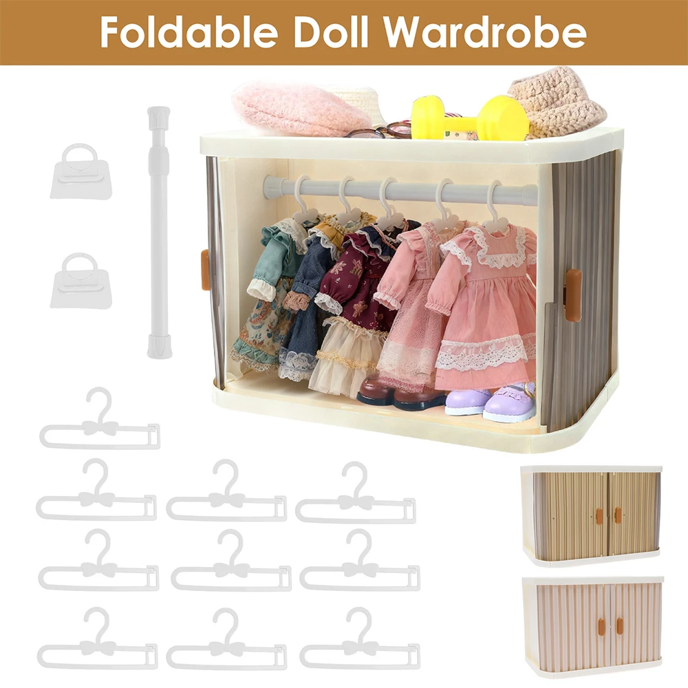 人形服クローゼット 折りたたみ式ワードローブ ハンガー10本、フック2個、伸縮ロッド1本付き プレイセット 人形アクセサリー ファッションおもちゃ ギフト