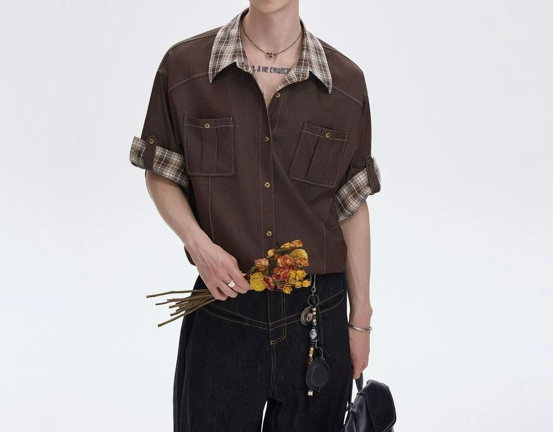 Fake Two-piece Plaid Splicing Short-sleeved Retro Summer Shirt 2026 Men's New Loose Casual Temperament Shirt