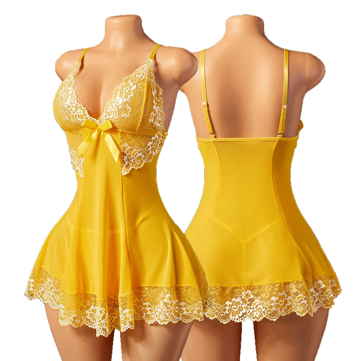 Hot Sheer Lace Deep V Cami Lingerie Dress Backless Bow Detail Overlap Bust Mini Babydoll Chemise Nightwear With Thong