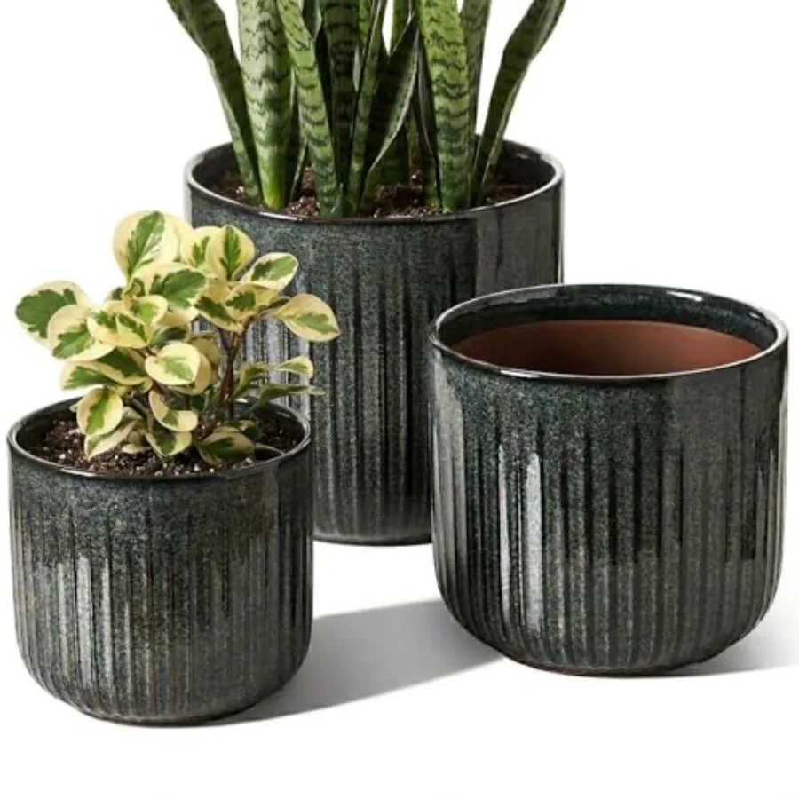 Ceramic Pots for Plants, 8.3/7/6 Inch Indoor Planters with Drainage Holes and Mesh, Modern Glossy Glaze Cylinder Fluted Plant P