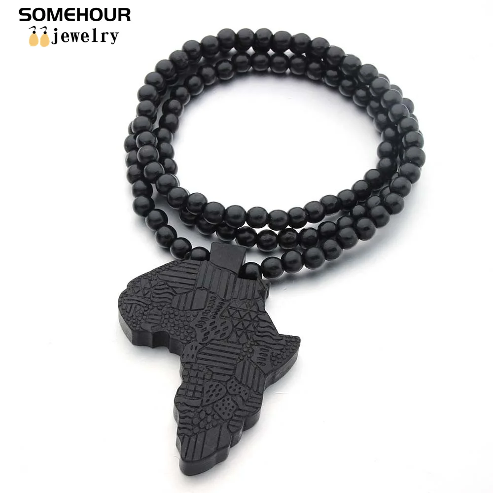 SOMEHOUR Fashion Africa Map Necklace For Men And Women Engraved Wooden Pendant Beads String Chians Charms Dangle Hiphop Jewelry