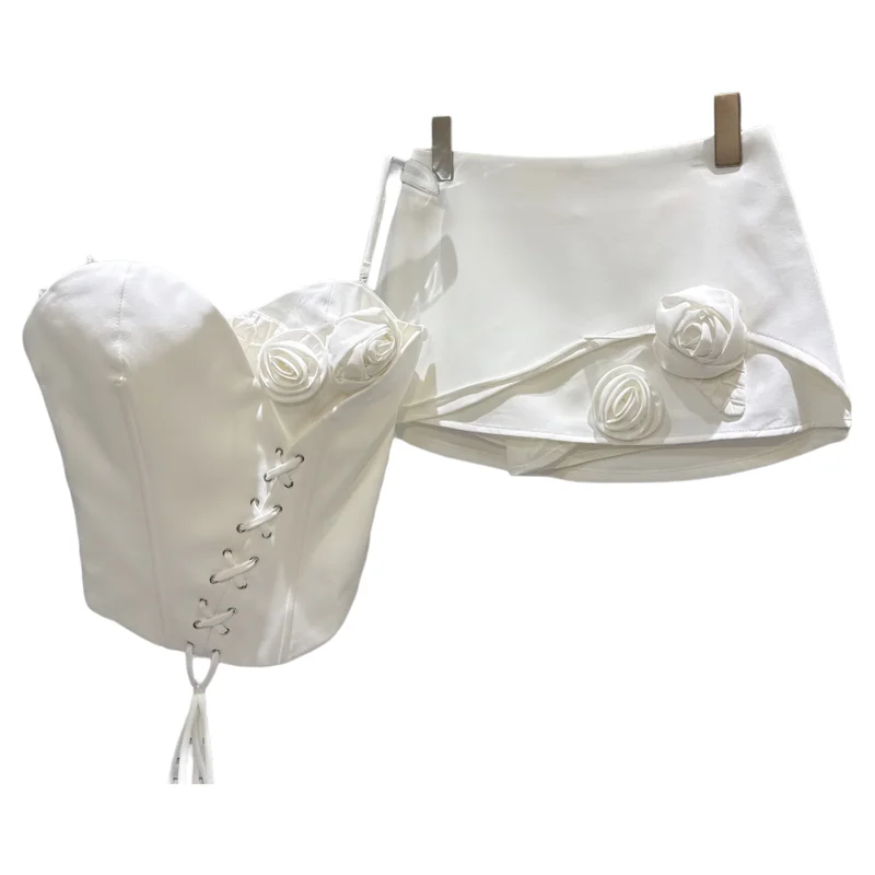 Set Tank Top dan Rok Pure Desire Floral Tie-Ba Koleksi Musim Gugur Wanita Desain Floral 3D Seksi