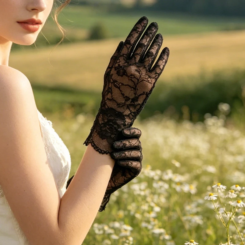 25CM Women Lace Short Gloves Elegant Sheer Mesh Vintage Style for Wedding Bridal Tea Party Prom Cosplay Lolita Princess Sweety