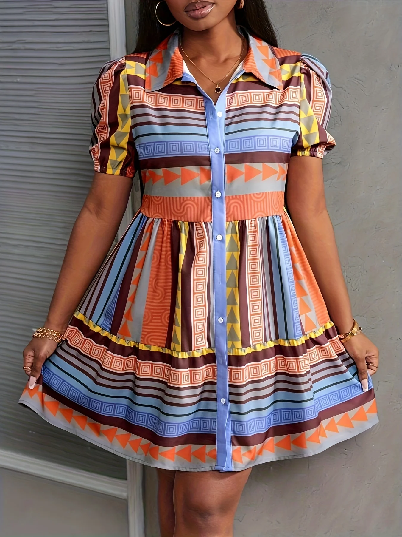 Sommerliches Hemdkleid mit geometrischem Prinzessinnenärmeln, geeignet für Freizeiturlauben, Büro-Pendler und tägliche Heimkleidung