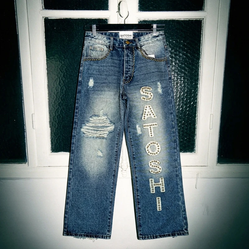 Vintage Washed Blue Nail Beads Patch Embroidery Letter Jeans Satoshi Pants Men Women Hip Hop Street Cut Hole Denim Trousers