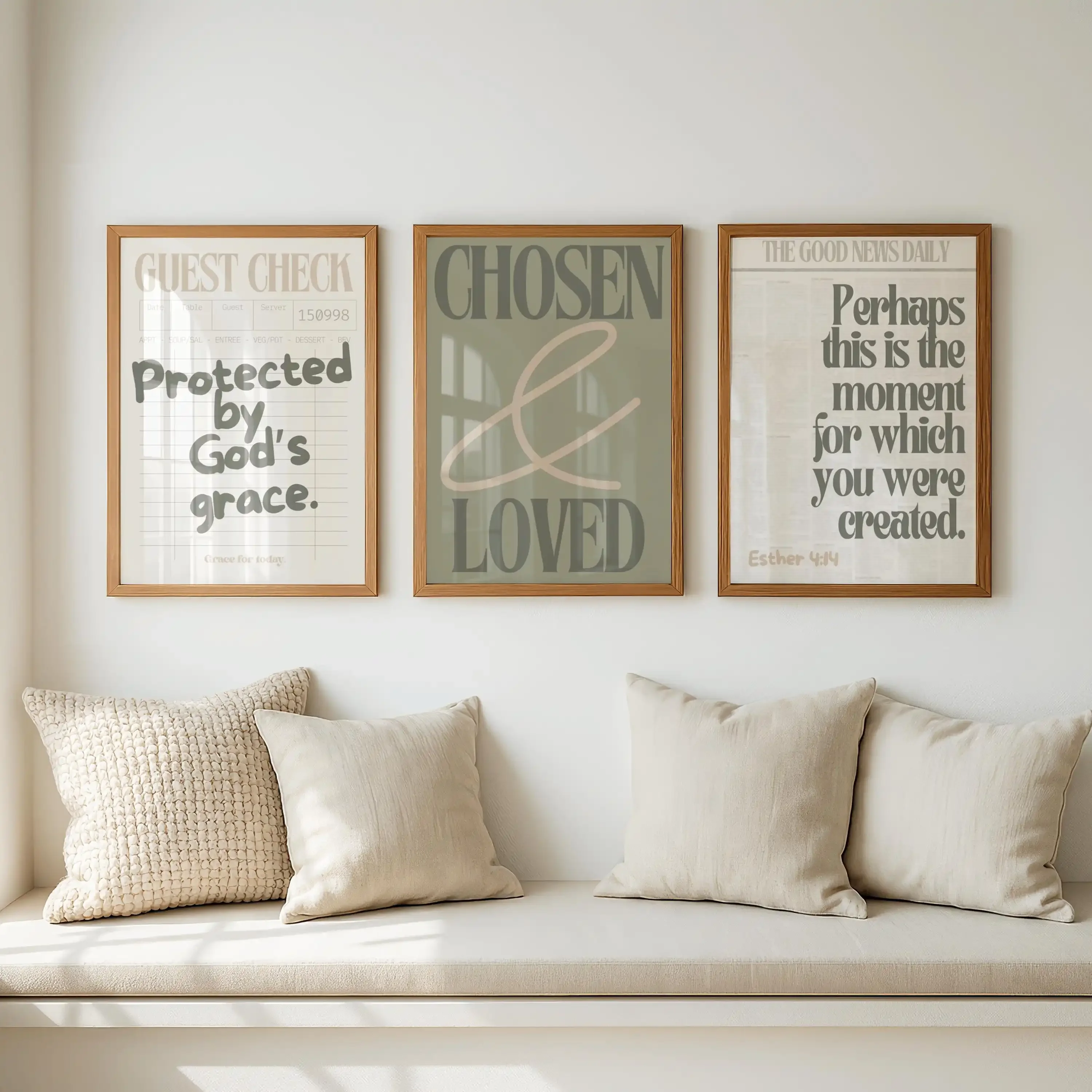 Large-sized frameless  Christian Wall Art Set of 3 Green Bible Verse Prints Neutral Christian Decor Protected By God’s G