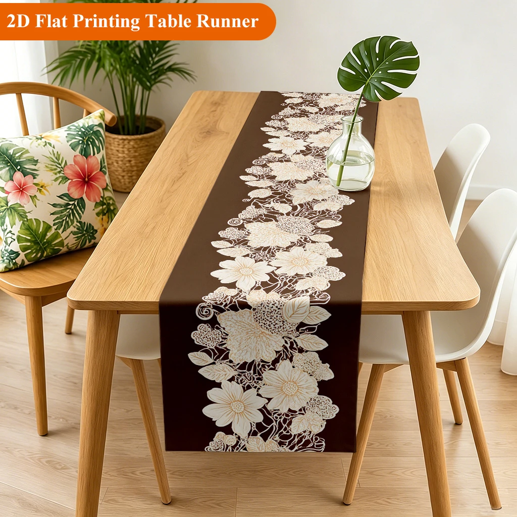 1pc Brown Vintage Floral 2D Flat Print Table Runner Modern Boho Table Decor for Dining Kitchen Party Everyday Use