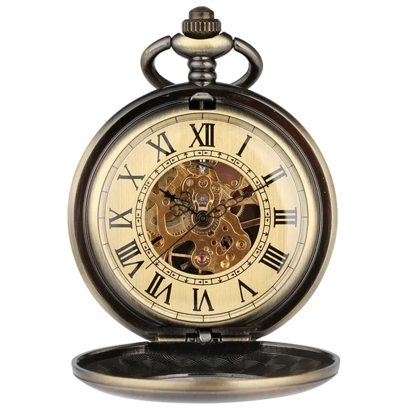 Steampunk ساعة الجيب الرجعية الميكانيكية اليد الرياح الساعات الميكانيكية البرونزية الجوف التدريجي تصميم السلس حالة قلادة سلسلة Reloj