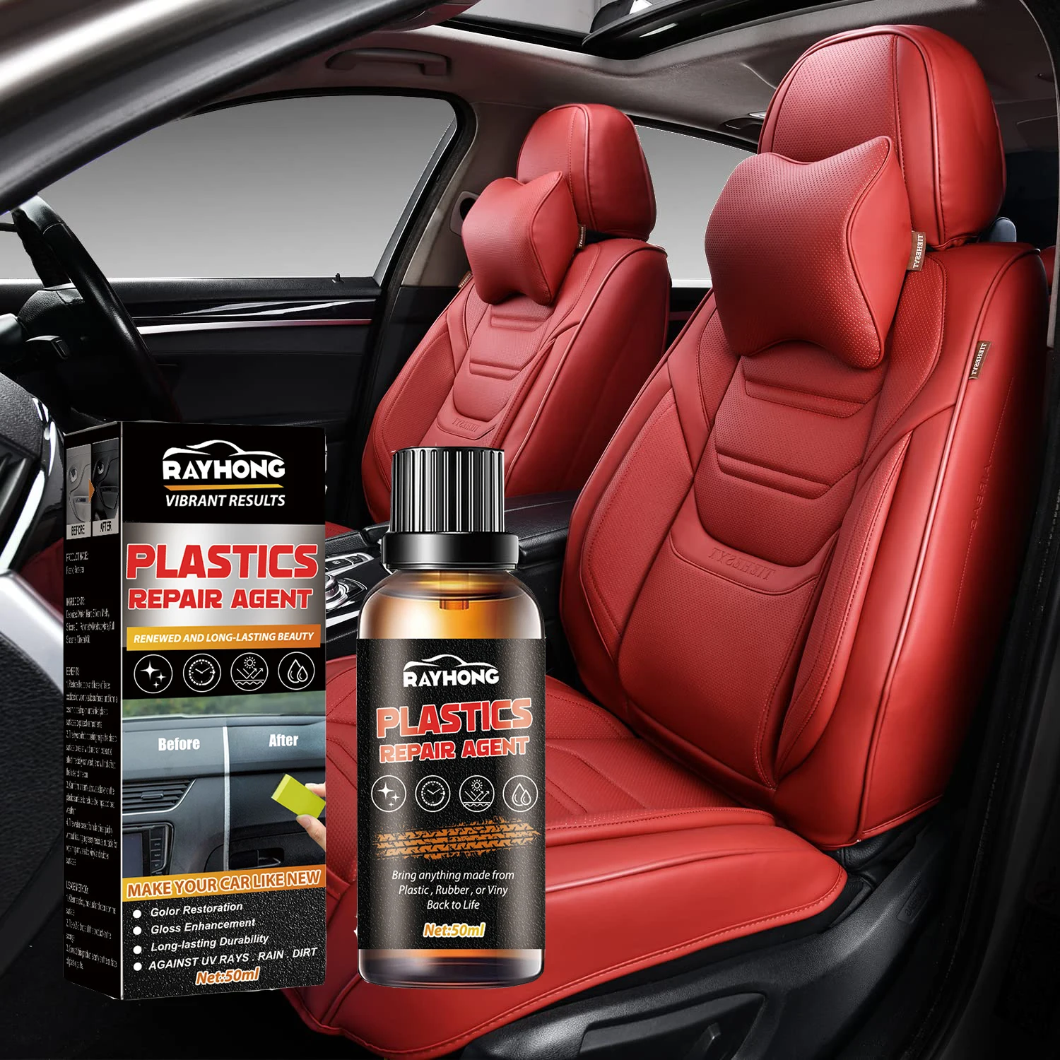 Car Plastic Restorer with Sponge 50ml Plastic Revitalizing Polishing Coating Agent Interior Leather Care Agent Auto Accessories