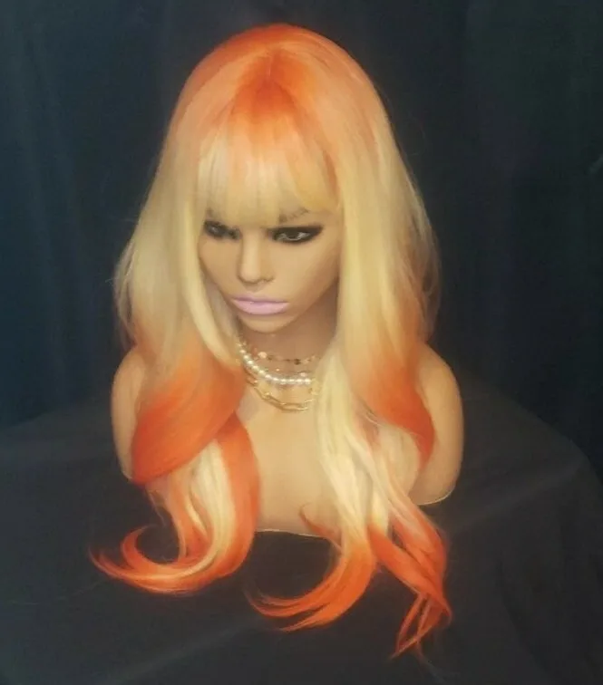 شعر مستعار طويل مموج بلاتيني أشقر أحمر برتقالي زنجبيل Balayage