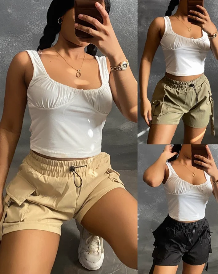 New Fashion 2025 Summer Pocket Design Drawstring Cargo Shorts Casual Strechy Waist Active Shorts Female Womens Clothing Outfits