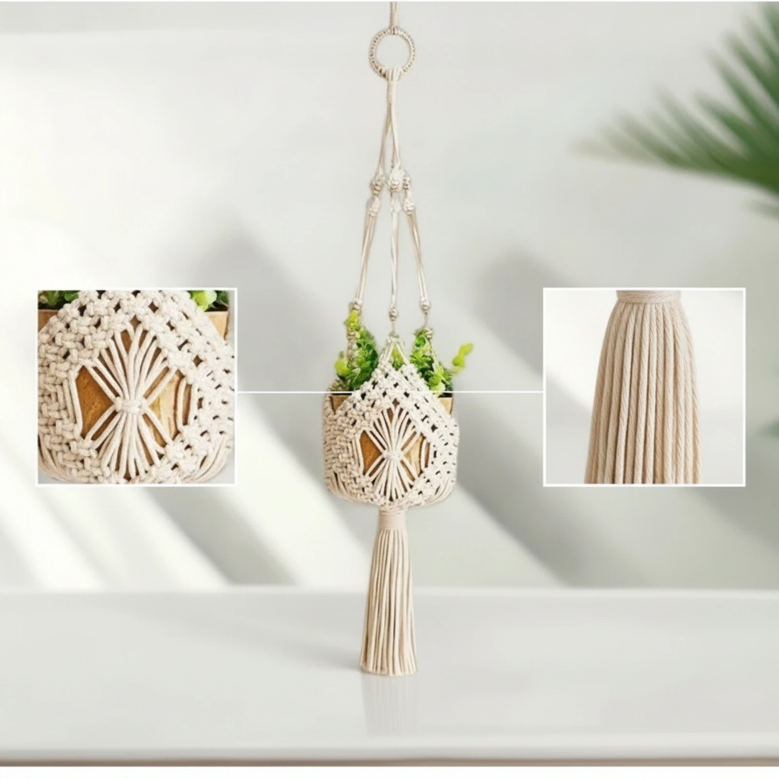 Cotton Rope Planter Net Handwoven Macrame Plant Hanger Hanging Planter with Tassel Handmade Flower Pot Holder Indoor for Balcony