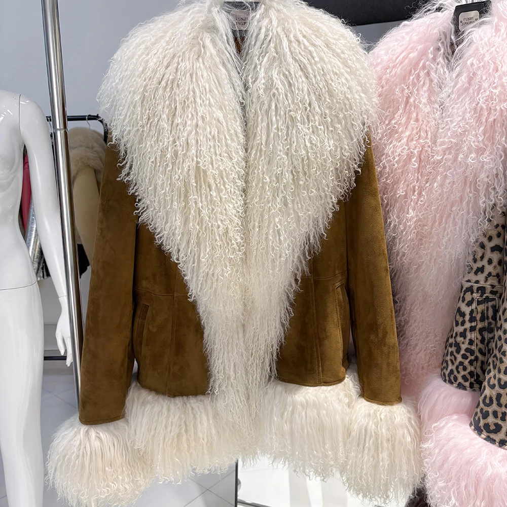 YOLOAgain Real Mongolia Sheep Fur Collar Real Leather Jacket Coat Women