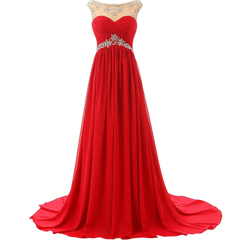 

A Line Chiffon Women Evening Dresses Crystal Scoop Court Train Prom Party Gowns Formal Vestido De Fiesta