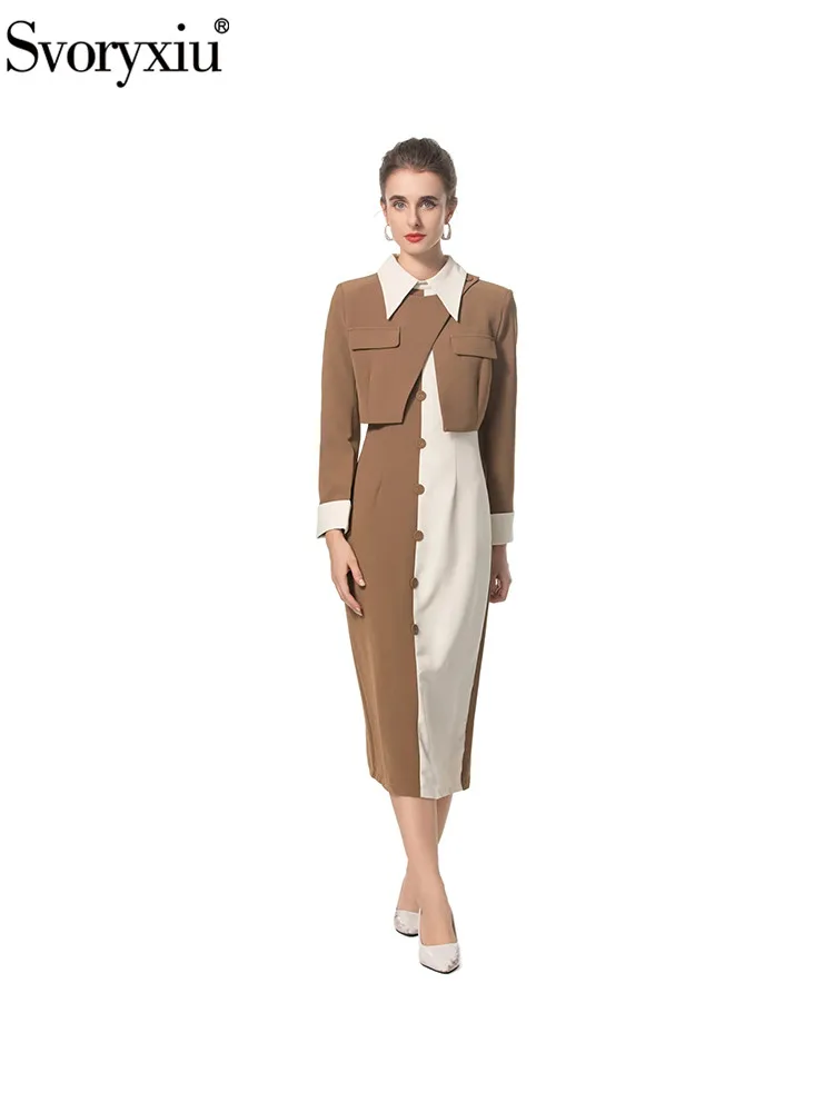 Svoryxiu Fashion Runway Autumn Patchwork Long Dress Suit Women's Turn-down Collar Long Sleeve Single Buckle Top+Sleeveless Dress