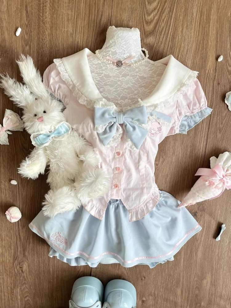 الحلو Preppy نمط Kawaii 2 قطعة مجموعة النساء Y2k لوليتا تصميم القمم + تنورة عالية الخصر الإناث الأميرة الرجعية شيك وتتسابق الصيف