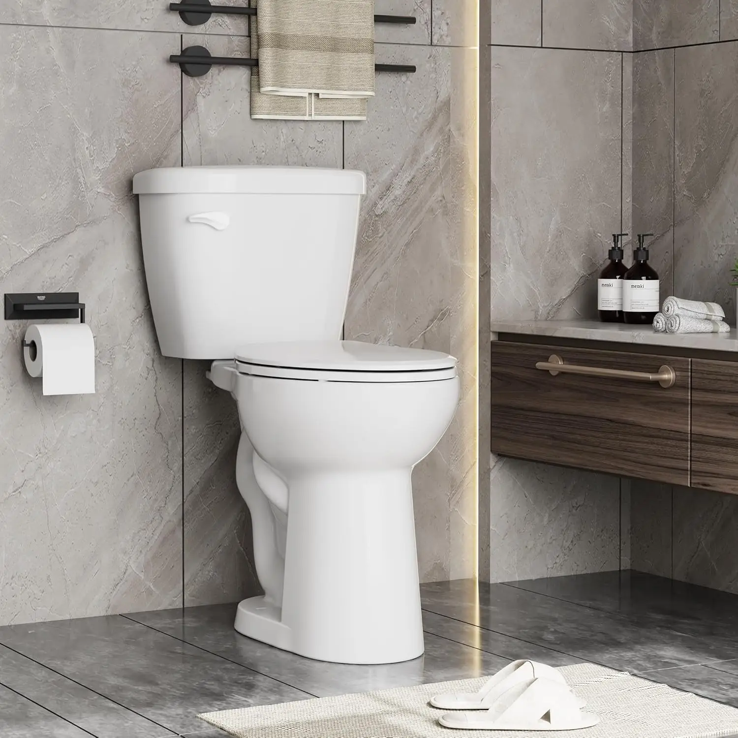 

Two Piece Toilet, ADA Height, Elongated Toilet Seat, 1.28 GPF Water Efficient, Side Push Handle, CUPC Certified, Modern Bathroom
