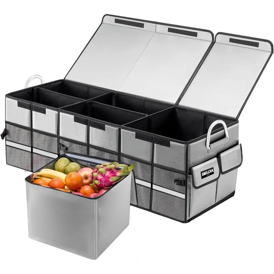 

Сверхмощный очень большой складной органайзер для багажника премиум-класса объемом 100 л с крышкой + сумка-холодильник 26 л, водонепроницаемый, прочный, прочный, 1680D Ox Mu