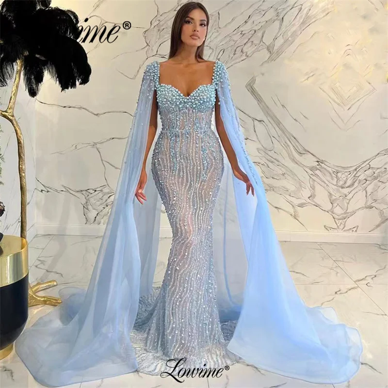 Lowime Blue Party Dresses Robe De Soirée Beaded Capped  Sleeve Formal Evening Gowns Arabic Dubai Prom Dress Long Celebrity Dress