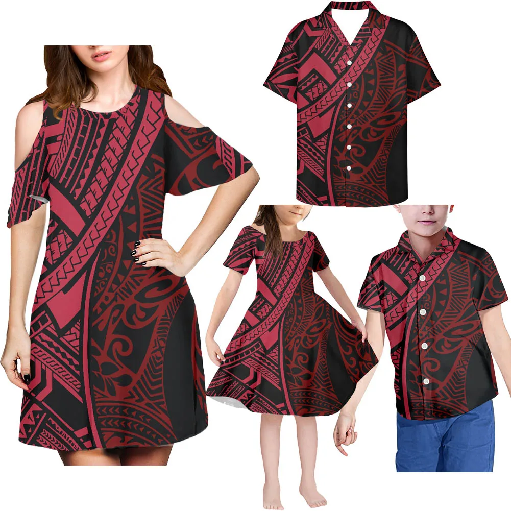 HYCOOL New Red Polynesian Tribal Clothing Family Look Set Summer Vacation Matching Family Outfits Plus Size Mommy And Me Clothes