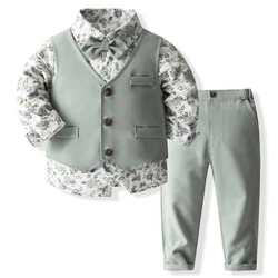 Set da 4 pezzi primavera abbigliamento per bambini ragazzi moda gentiluomo stampa cotone top + gilet + pantaloni + cravatta abbigliamento Boutique per bambini BC1899-1