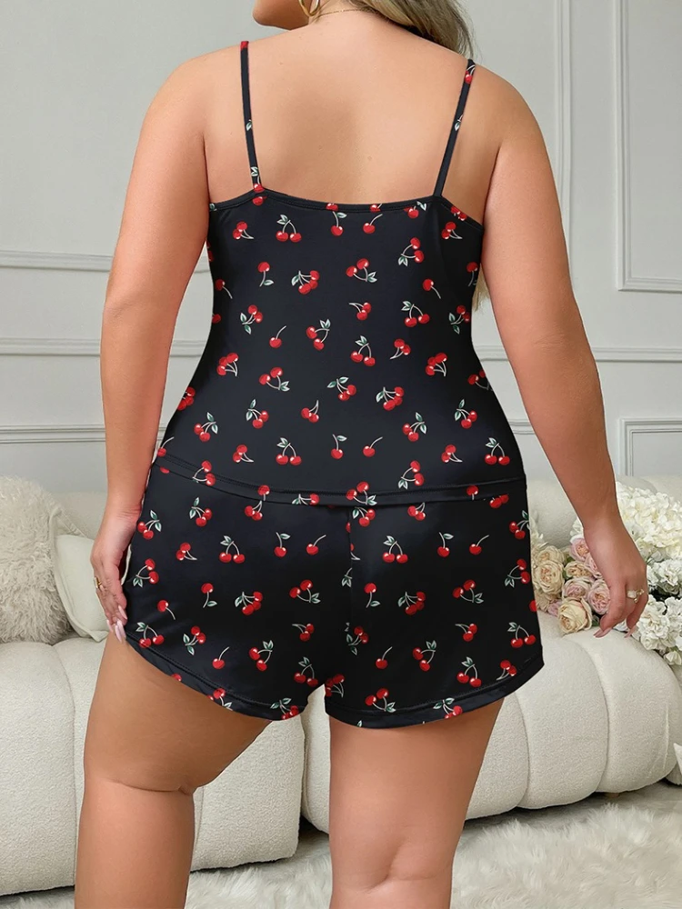 XL-5XL Plus Size Suspender Pajamas Set Women's Cherry Print Cami Top and Shorts Loungewear 2 Piece Sleepwear Large Home Clothes image 4