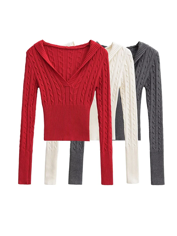 بلوفرات نسائية محبوكة متقاطعة مع قلنسوة ورقبة على شكل حرف V سترات تريكو مرنة ضيقة بلون واحد