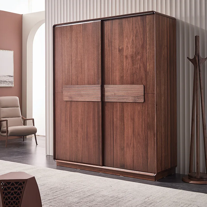 All solid wood sliding door wardrobe, light luxury simple storage locker, South American imported teak wardrobe