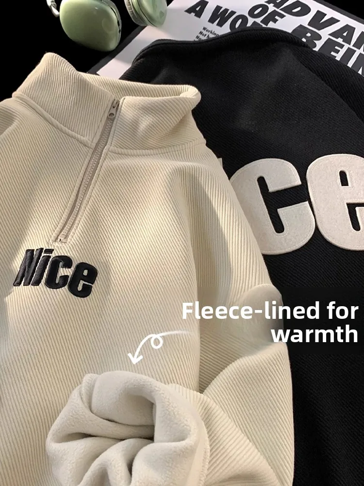 سترة بغطاء للرأس منقوشة بحروف ثقيلة الوزن من Aymelon American Sle للرجال فضفاضة مبطنة بالفعل ملابس خارجية دافئة عصرية غير رسمية...