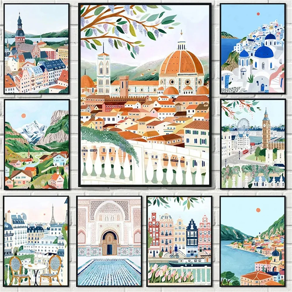 World Travel City Landscape Canvas Painting Greece Italy Florence Paris France Travel Cities Poster Nordic Wall Picture Decor