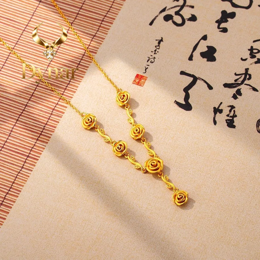 Dynar Jewelry    24K real gold Rose twig pendant necklace 999 pure gold fashion antique flower design temperament everything cla